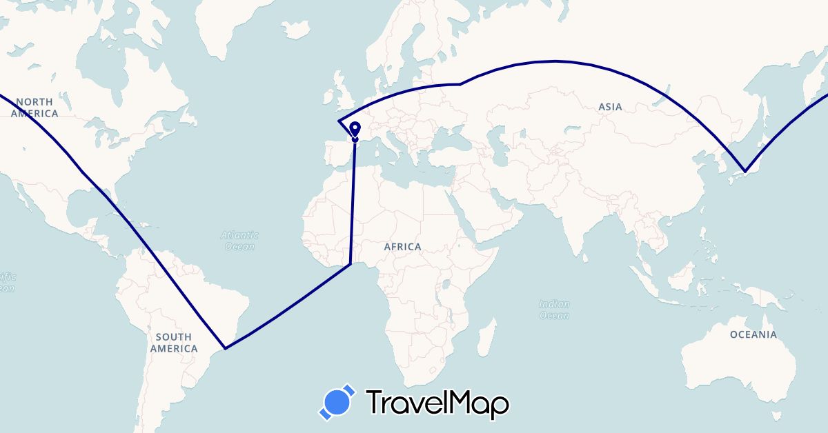 TravelMap itinerary: driving in Brazil, France, Ghana, Japan, Russia, United States (Africa, Asia, Europe, North America, South America)